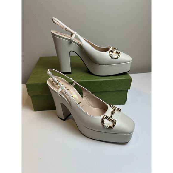 GUCCI SHOES PLATFORM White LEATHER SLINGBACK PUMPS w HORSEBIT $1,100 sz 39 9 - Picture 5 of 10